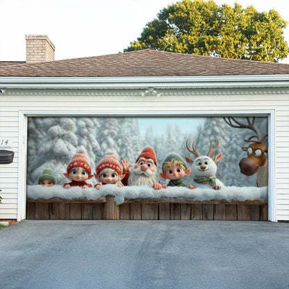 Shineful Garage Door Banner Decoration Elves & Reindeer Holiday Peek