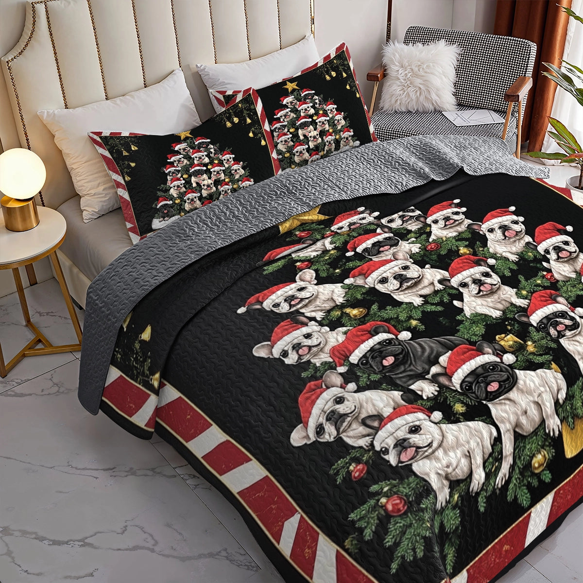 Shineful All Season Quilt 3-Piece Set - Frenchie Christmas Tree
