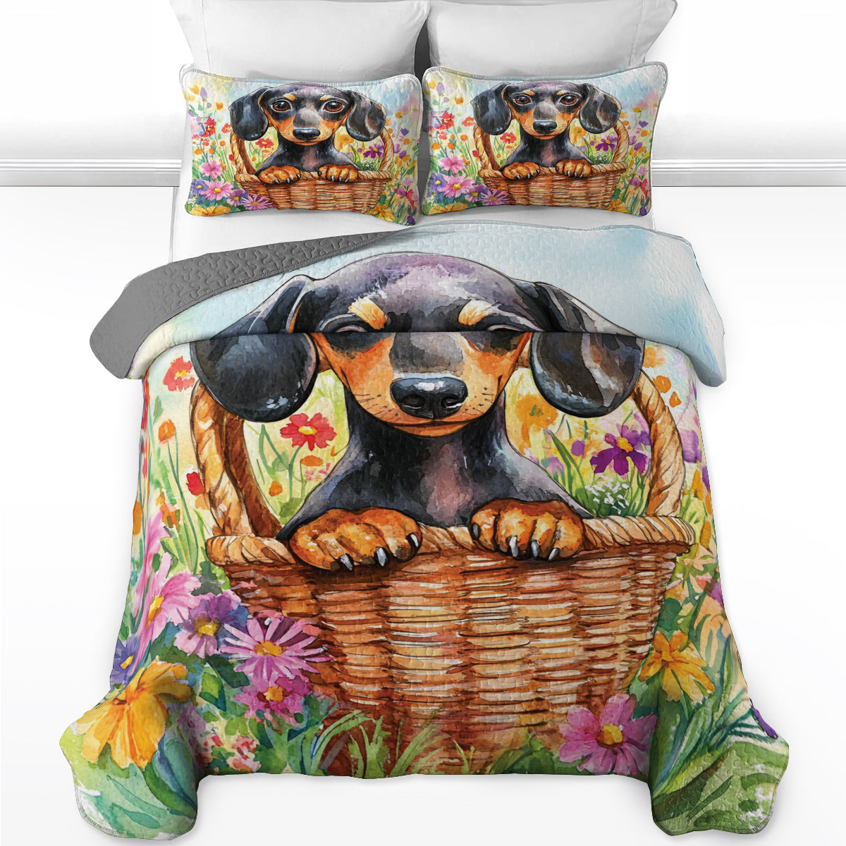 Shineful All Season Quilt 3-Piece Set Dachshund Floral Basket