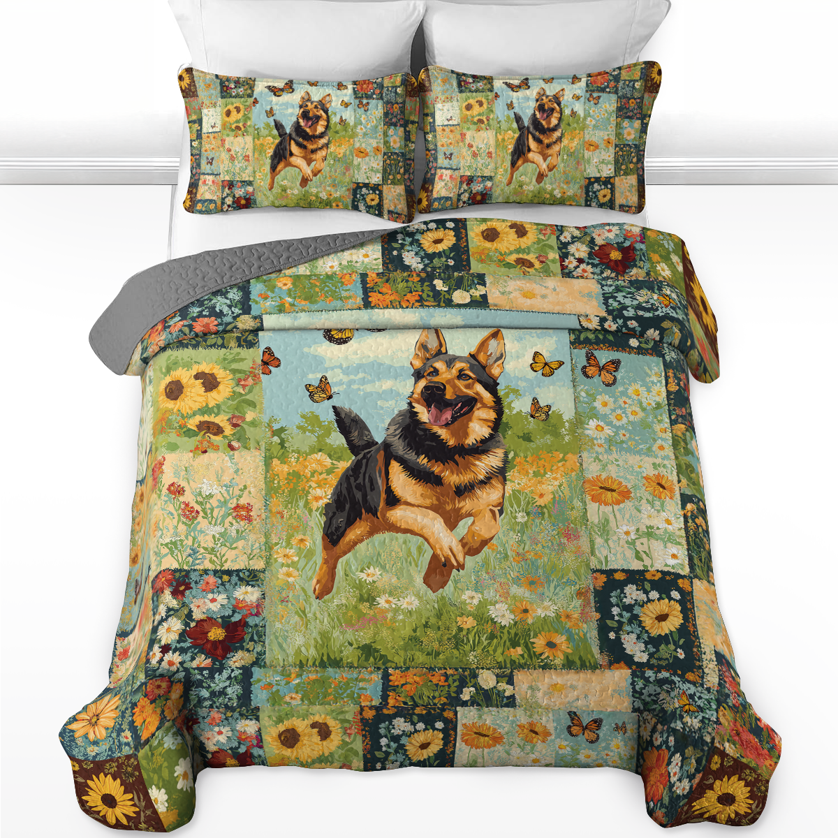 Shineful All Season Quilt 3-Piece Set Butterfly Chase German Shepherd