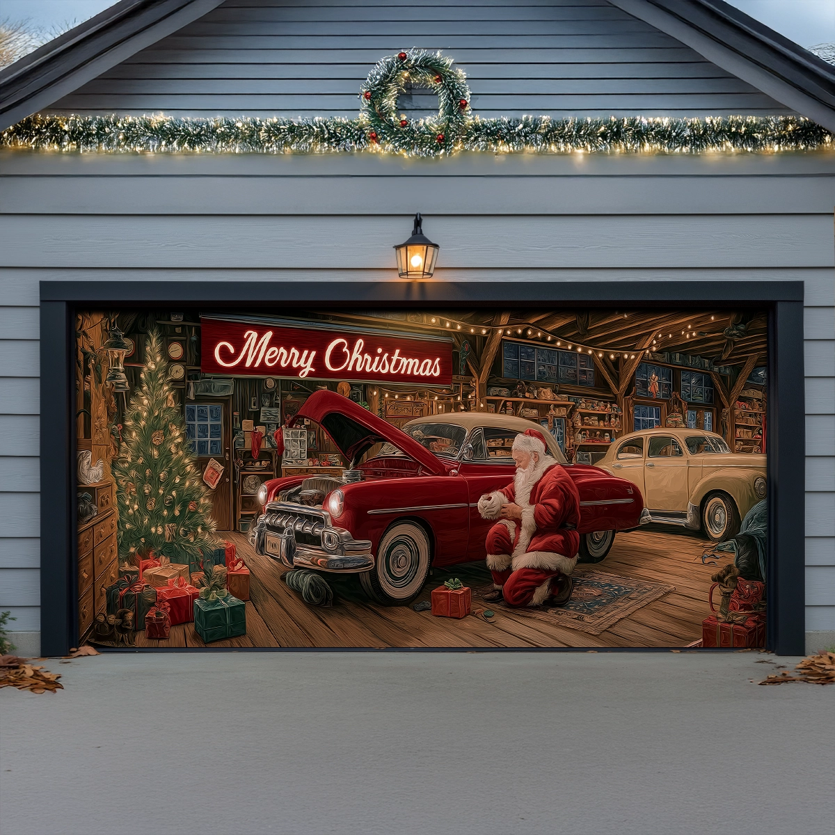 Shineful Garage Door Banner Decoration Santa’s Classic Car Workshop