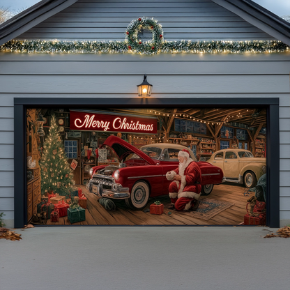 Shineful Garage Door Banner Decoration Santa’s Classic Car Workshop