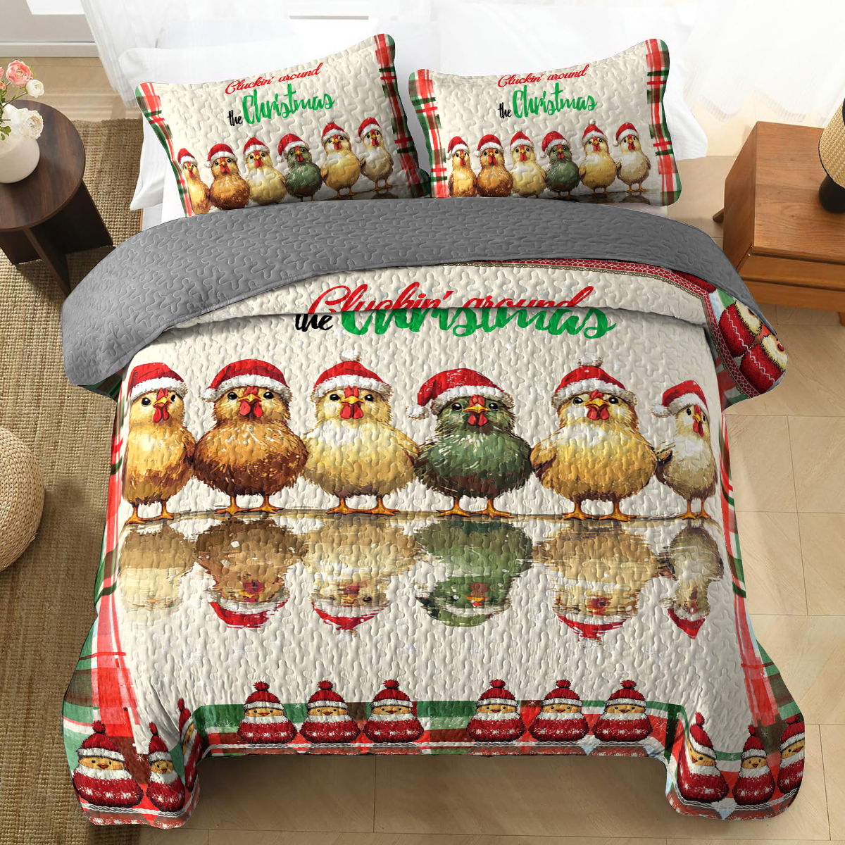 Shineful All Season Quilt 3-Piece Set - Festive Chicken Christmas