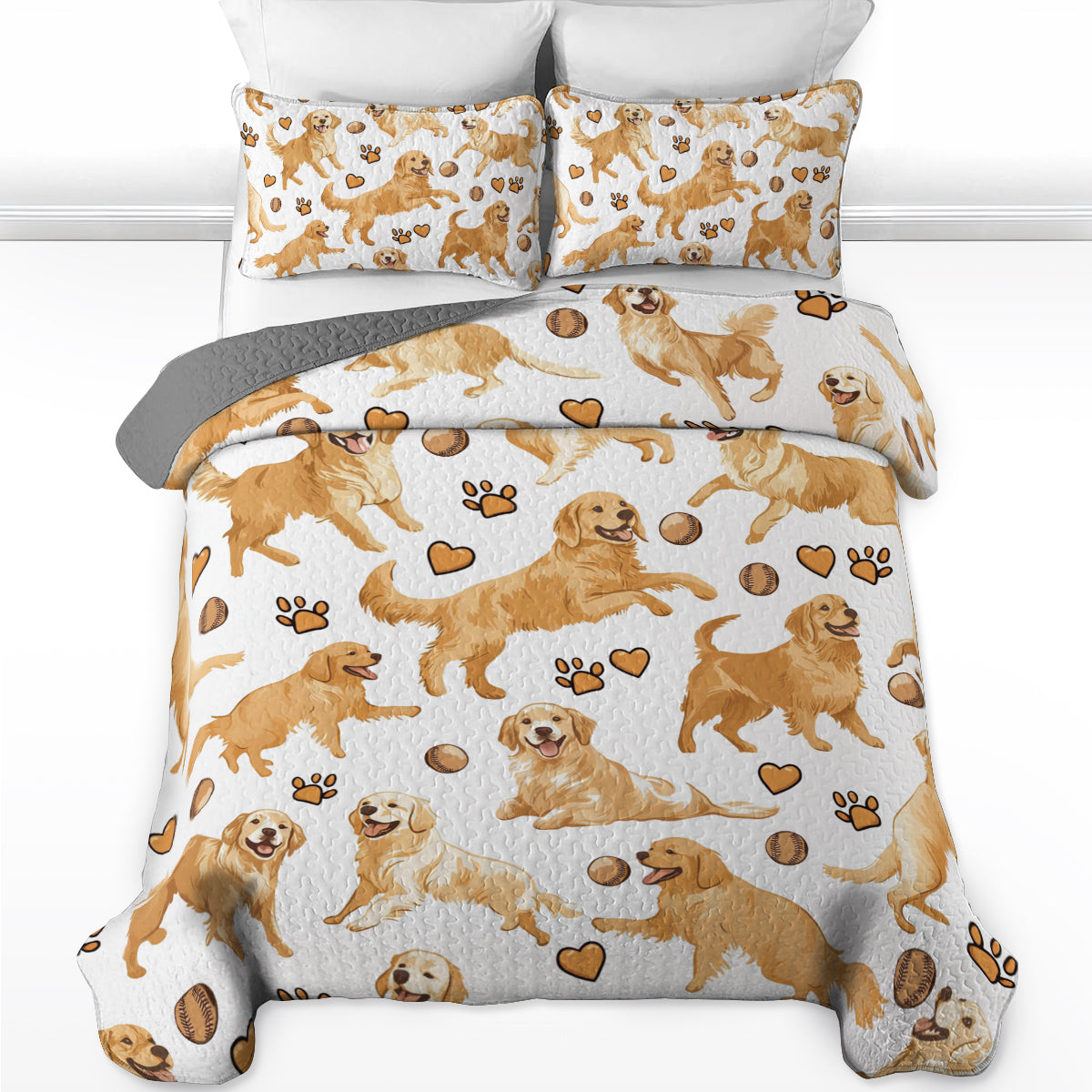 Shineful All Season Quilt 3-Piece Set Playful Golden Retriever Pattern
