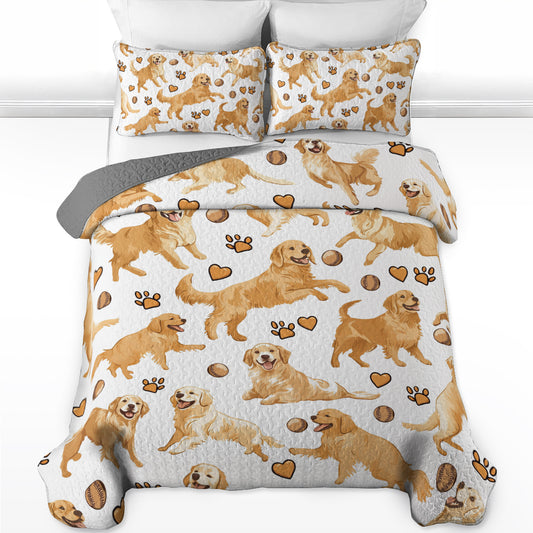 Shineful All Season Quilt 3-Piece Set Playful Golden Retriever Pattern
