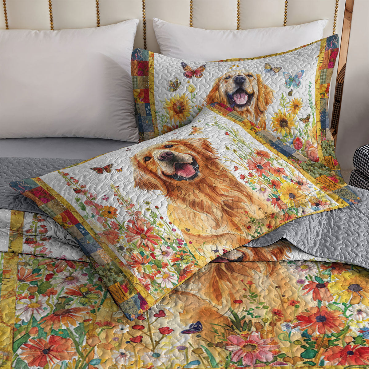 Shineful All Season Quilt 3-Piece Set Bloom Garden Golden Retriever