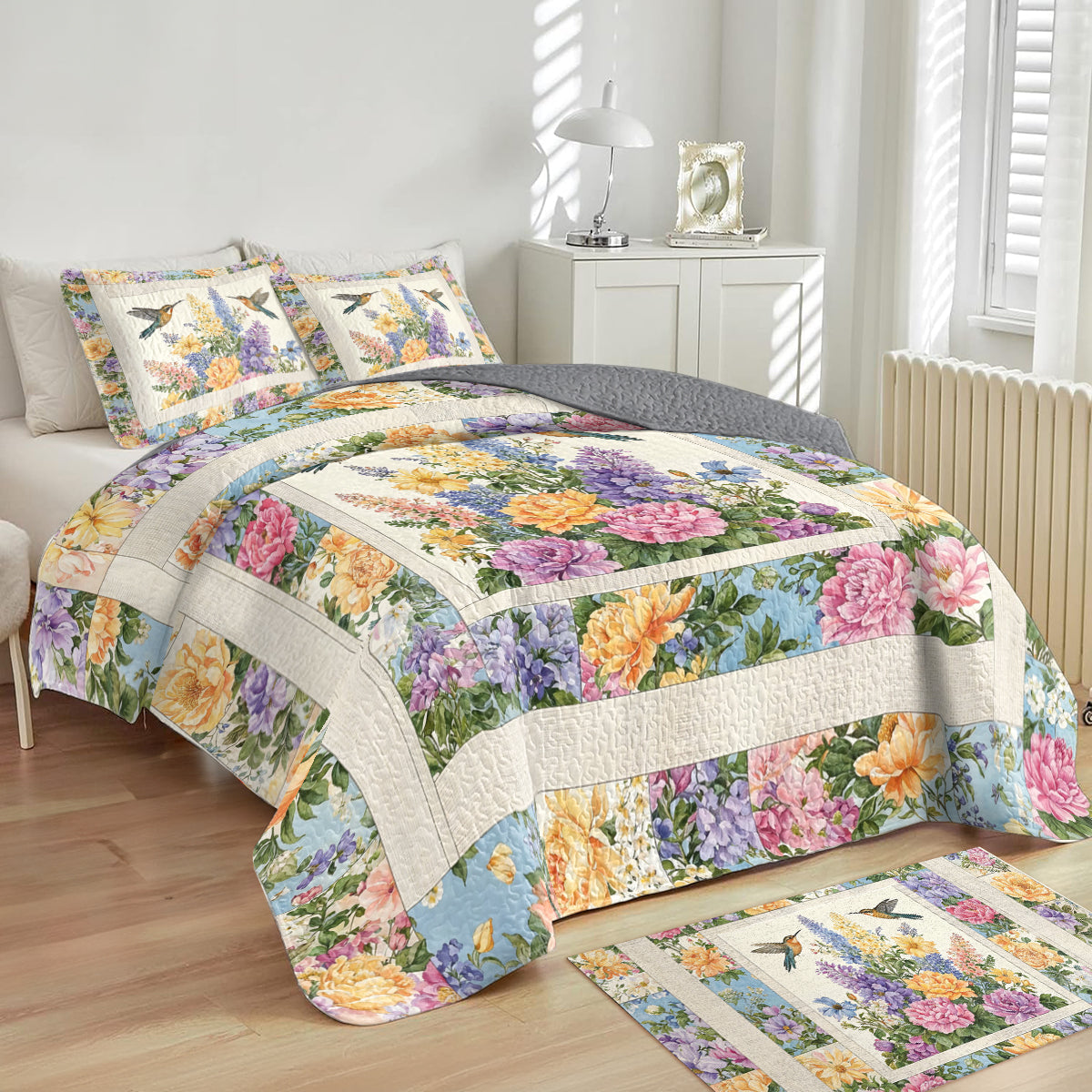 Shineful All Season Quilt 3-Piece Set Vintage Meadow Hummingbird