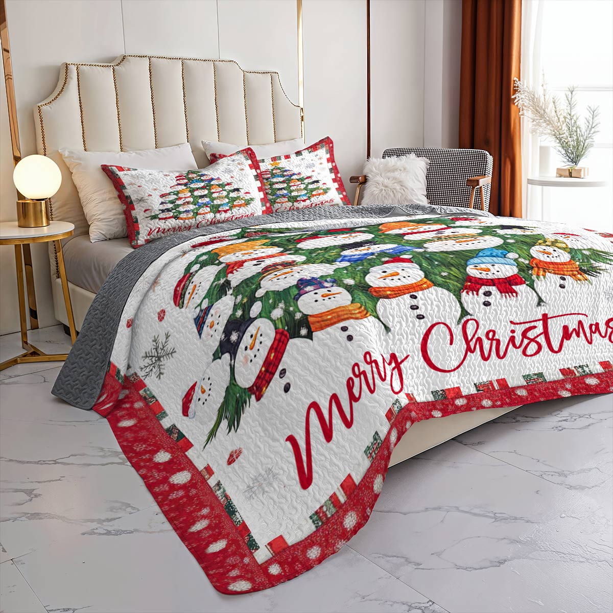Shineful All Season Quilt 3-Piece Set Merry Christmas Snowmen
