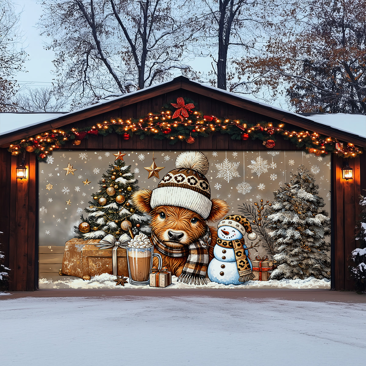 Shineful Garage Door Banner Decoration Cozy Cow Winter Wonderland Edition