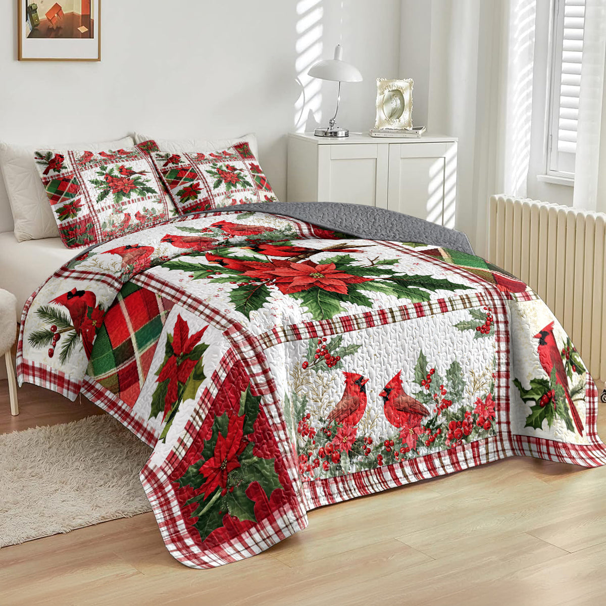 Shineful All Season Quilt 3-Piece Set Festive Christmas Cardinal