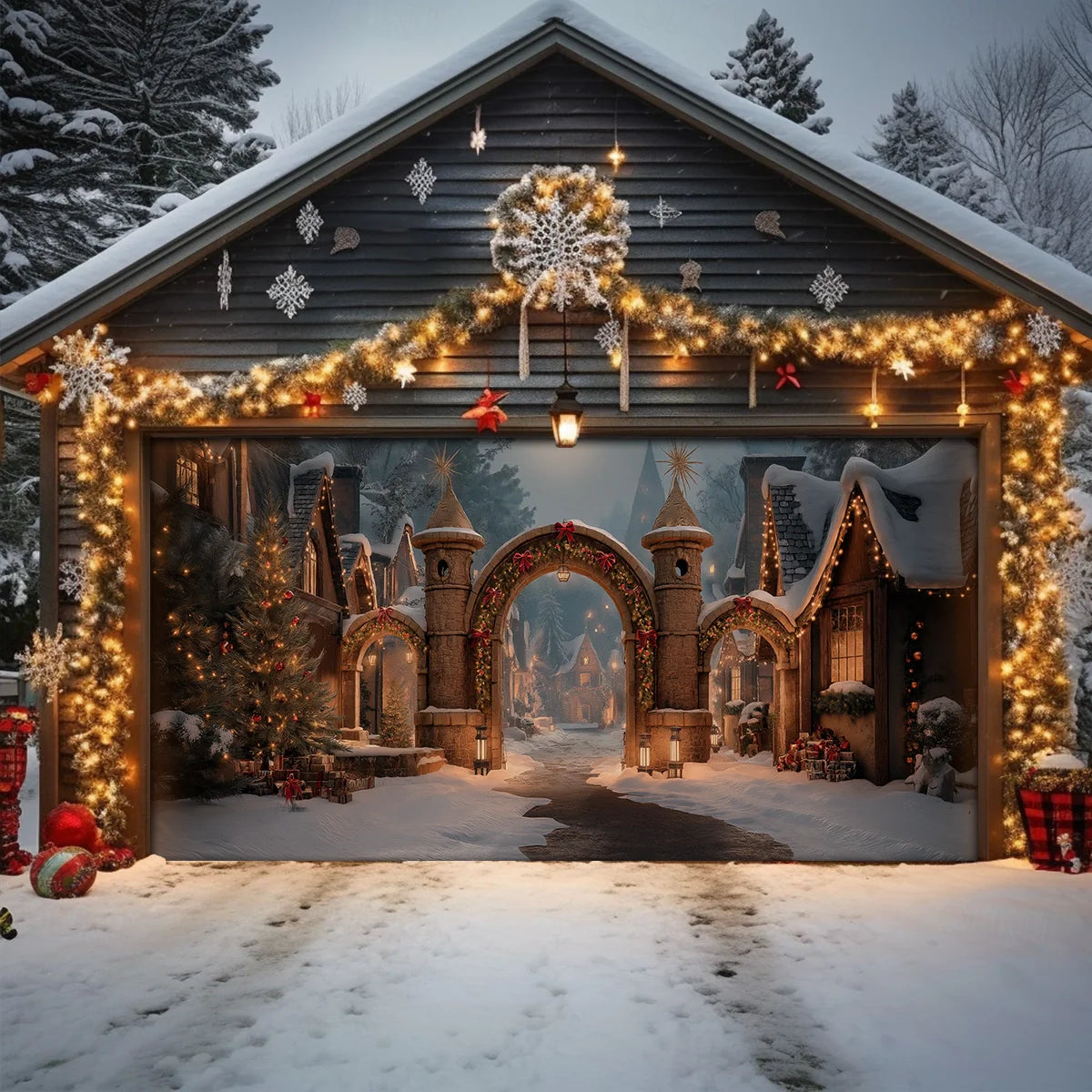 Shineful Garage Door Banner Decoration Enchanted Christmas Village Gate