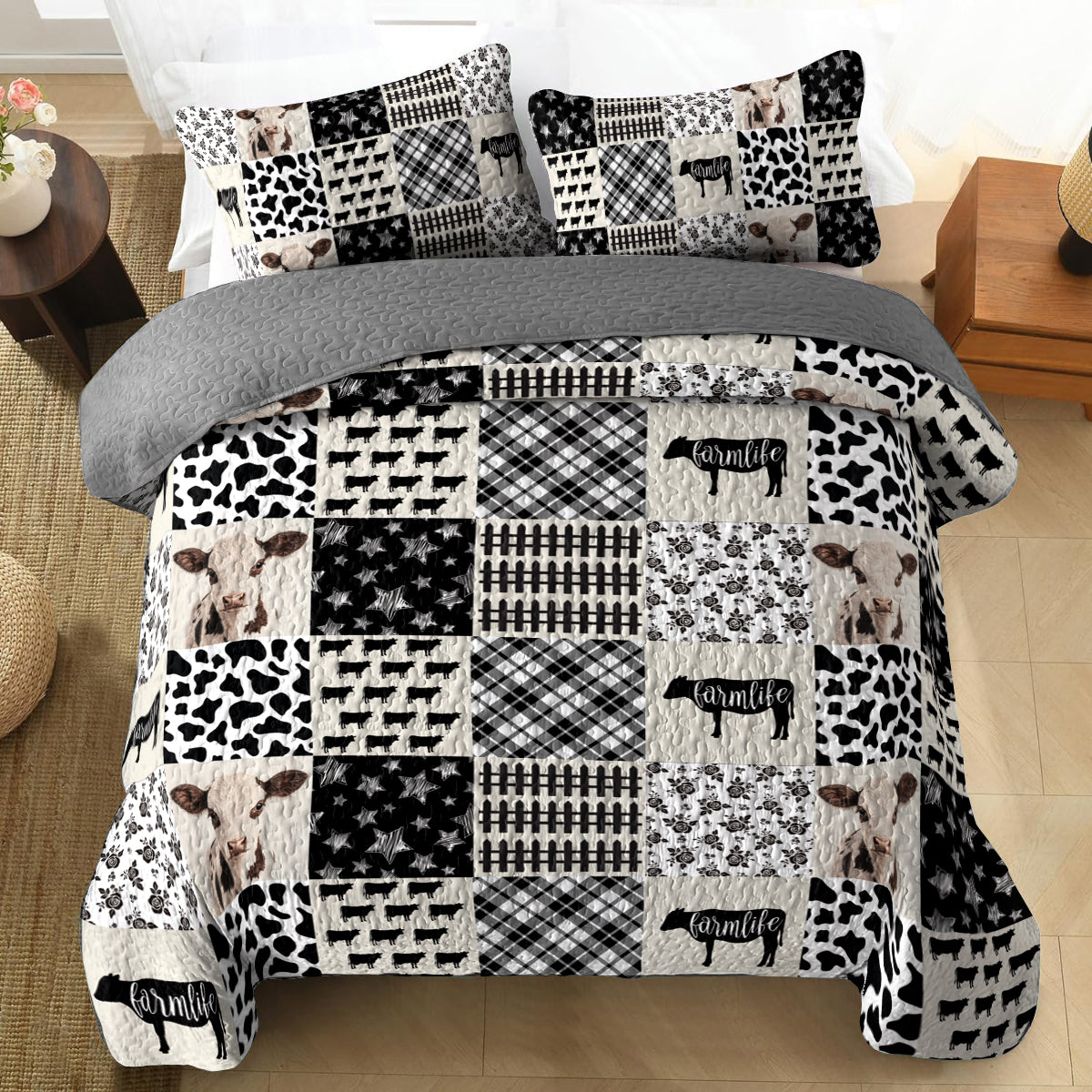 Shineful All Season Quilt 3-Piece Set Farmhouse Cow Patchwork