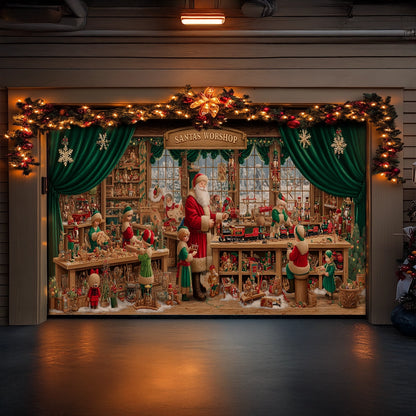 Shineful Garage Door Banner Decoration Santa’s Emerald Toy Workshop
