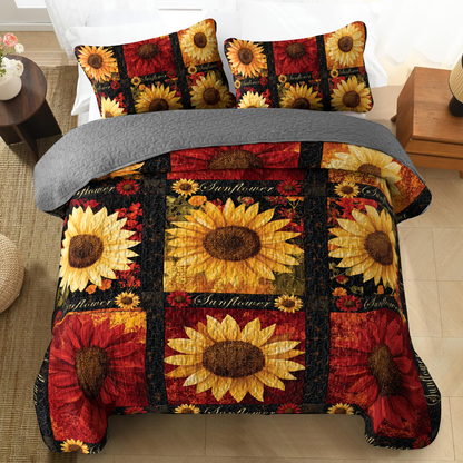 Shineful All Season Quilt 3-Piece Set - Golden Scarlet Sunflower Bloom