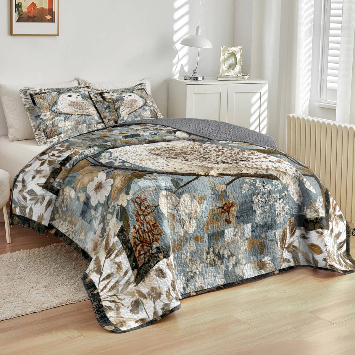 Shineful All Season Quilt 3-Piece Set Charming Owl Flowers