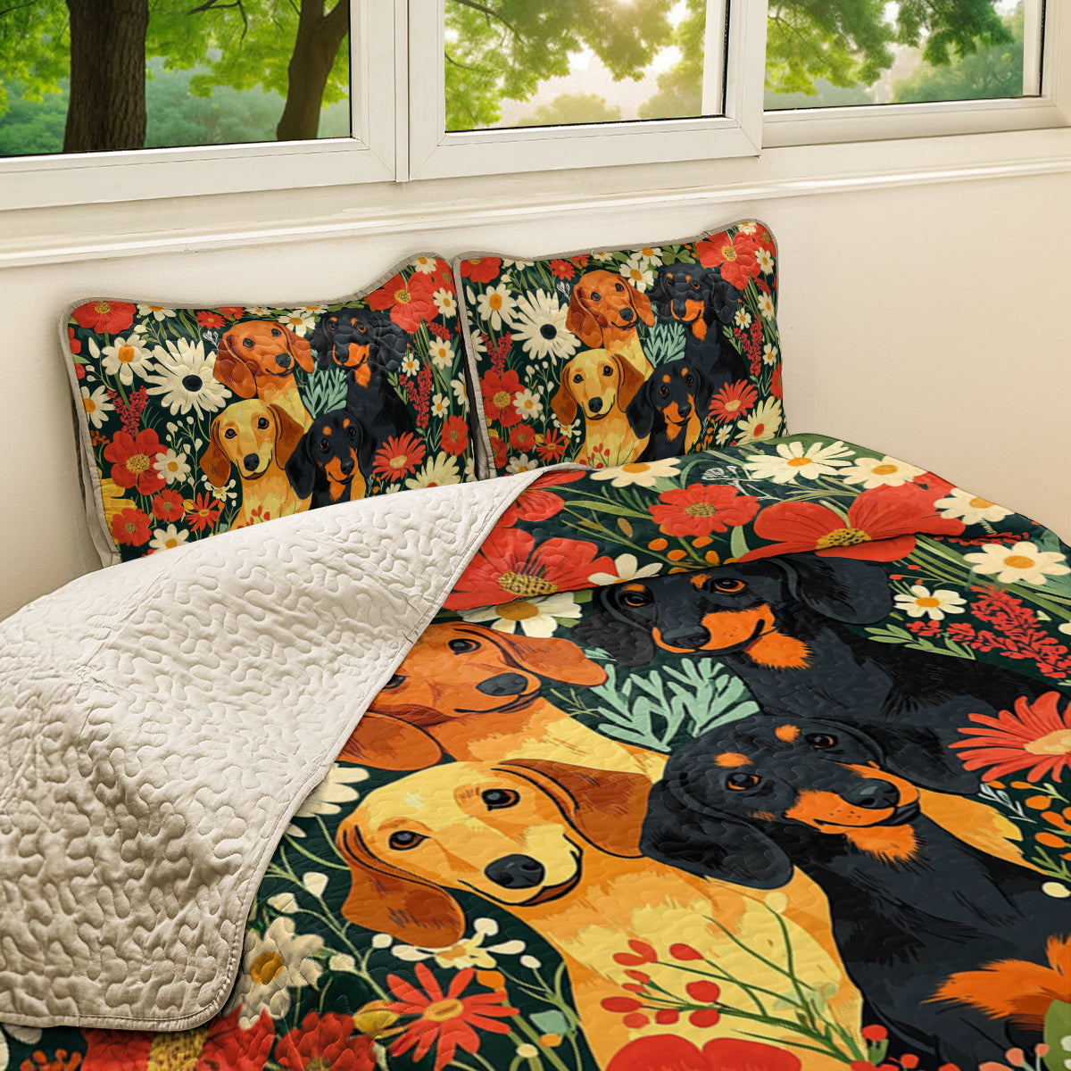 Shineful All Season Quilt 3-Piece Set Happy Floral Dachshund