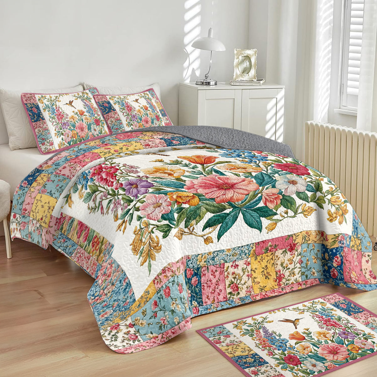 Shineful All Season Quilt 3-Piece Set Country Patchwork Hummingbird