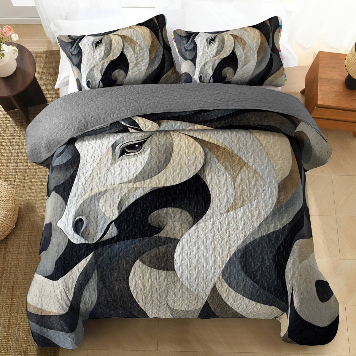 Shineful All Season Quilt 3-Piece Set Black and White Horse Cowboy