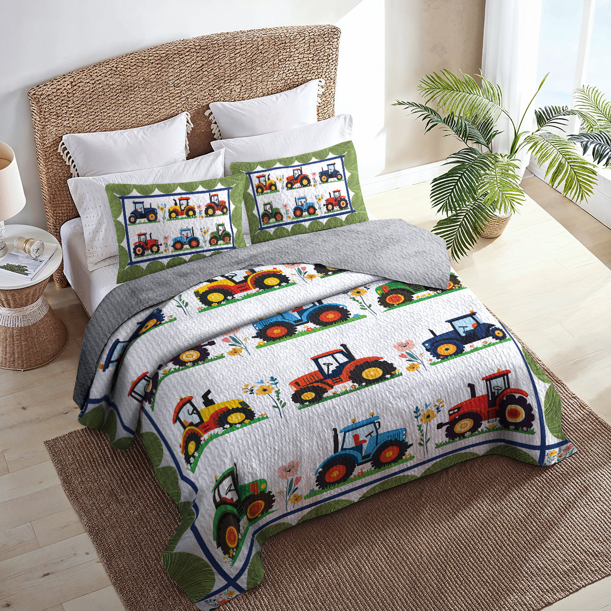 Shineful All Season Quilt 3-Piece Set - Tractors On The Floral Farm