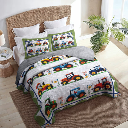 Shineful All Season Quilt 3-Piece Set - Tractors On The Floral Farm