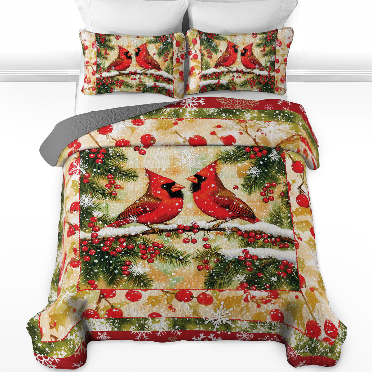 Shineful All Season Quilt 3-Piece Set - Cardinal Pair: Holiday Snowfall