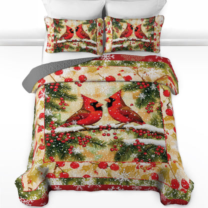 Shineful All Season Quilt 3-Piece Set - Cardinal Pair: Holiday Snowfall