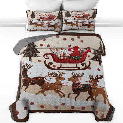 Shineful Quilt 3-Piece Set Cozy Santa Claus With Reindeer Pulling His Sleigh Full Of Gifts