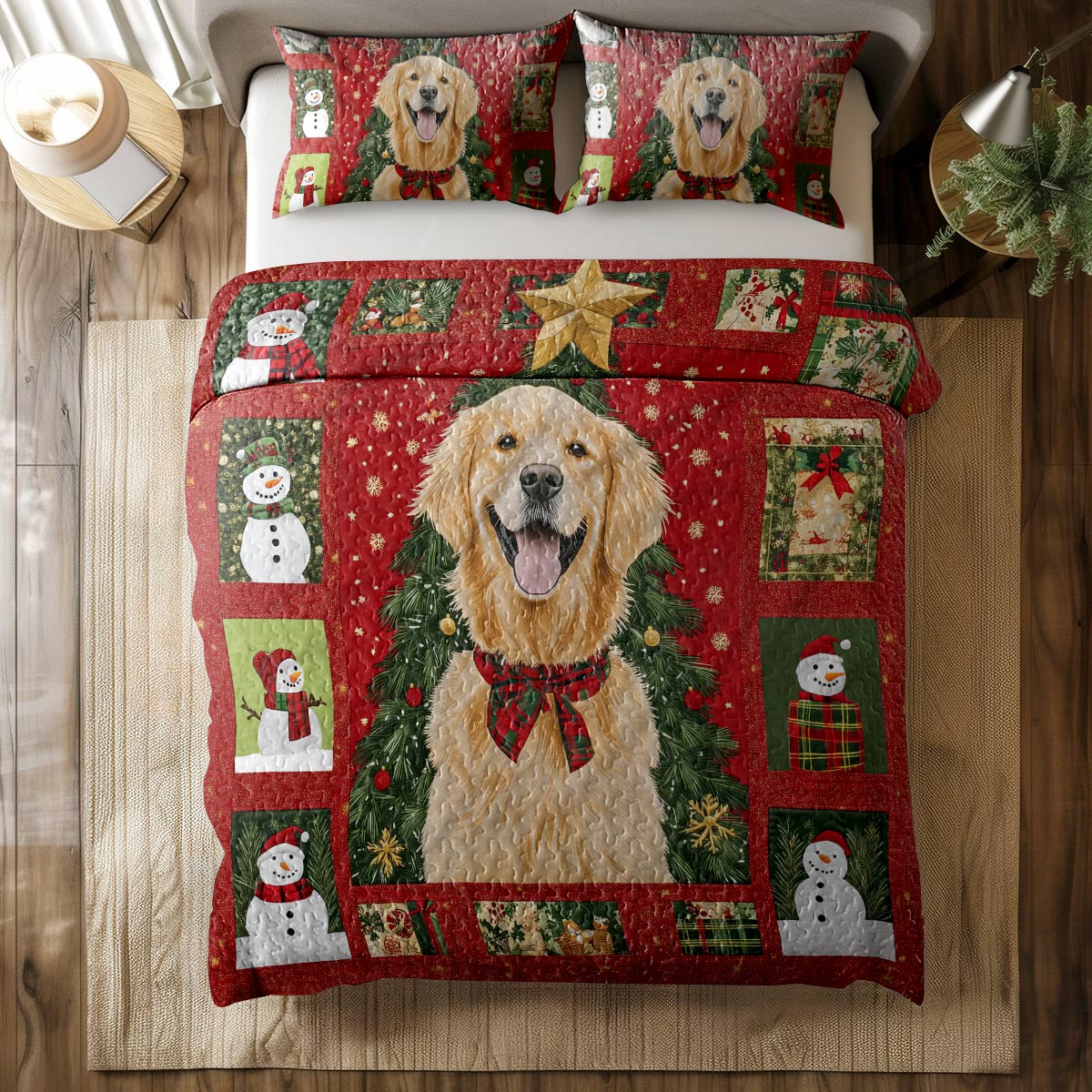 Shineful All Season Quilt 3-Piece Set - Golden Retriever Christmas Fun