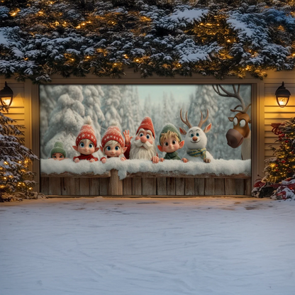 Shineful Garage Door Banner Decoration Elves & Reindeer Holiday Peek