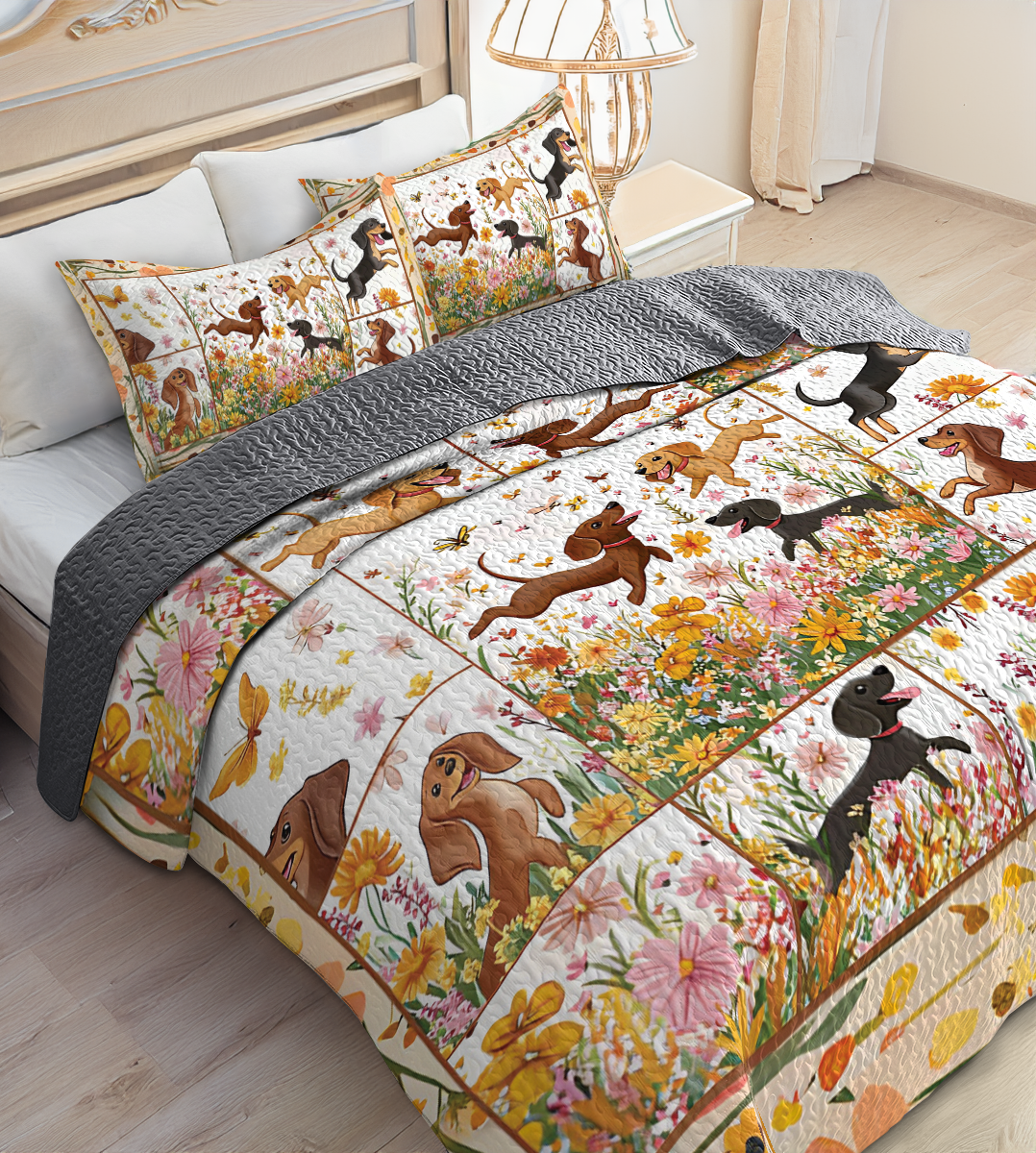 Shineful All Season Quilt 3-Piece Set - Garden Playtime with Dachshund