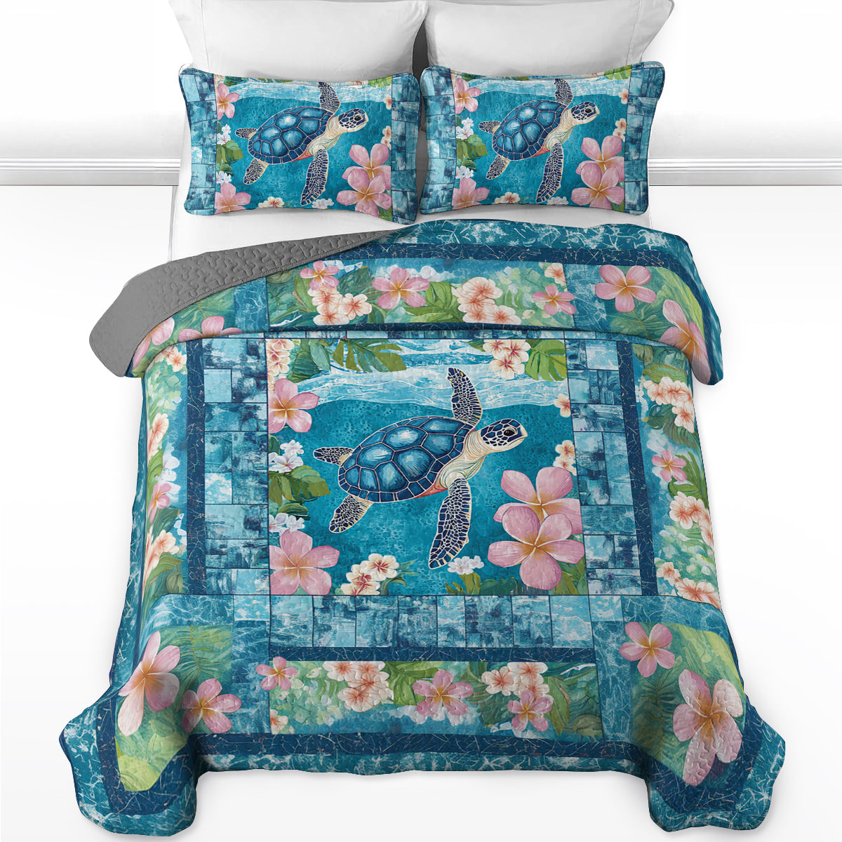 Shineful All Season Quilt 3-Piece Set Floral Plumeria Sea Turtle