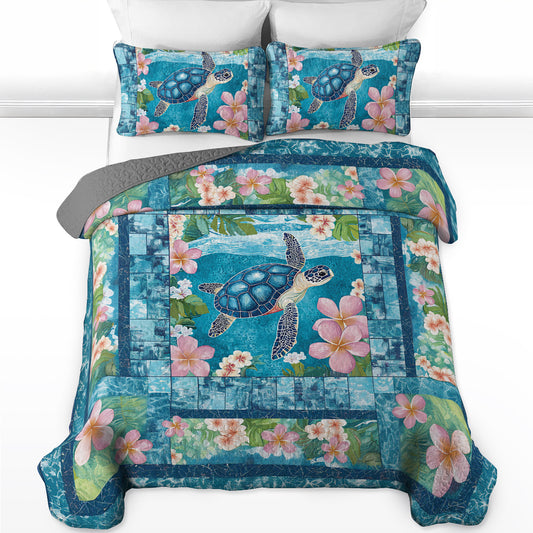 Shineful All Season Quilt 3-Piece Set Floral Plumeria Sea Turtle