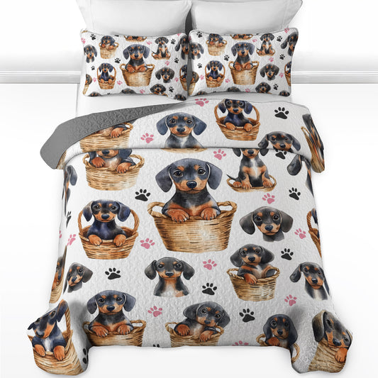 Shineful All Season Quilt 3-Piece Set Cute Dachshund In Basket V2