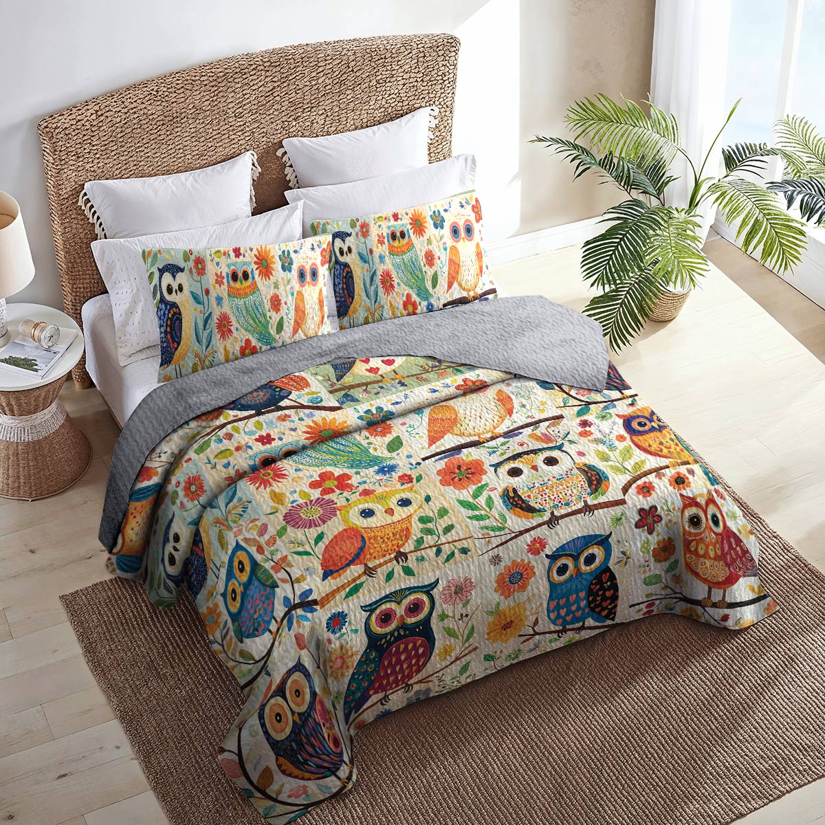 Shineful All Season Quilt 3-Piece Set Pretty Flowers Owl