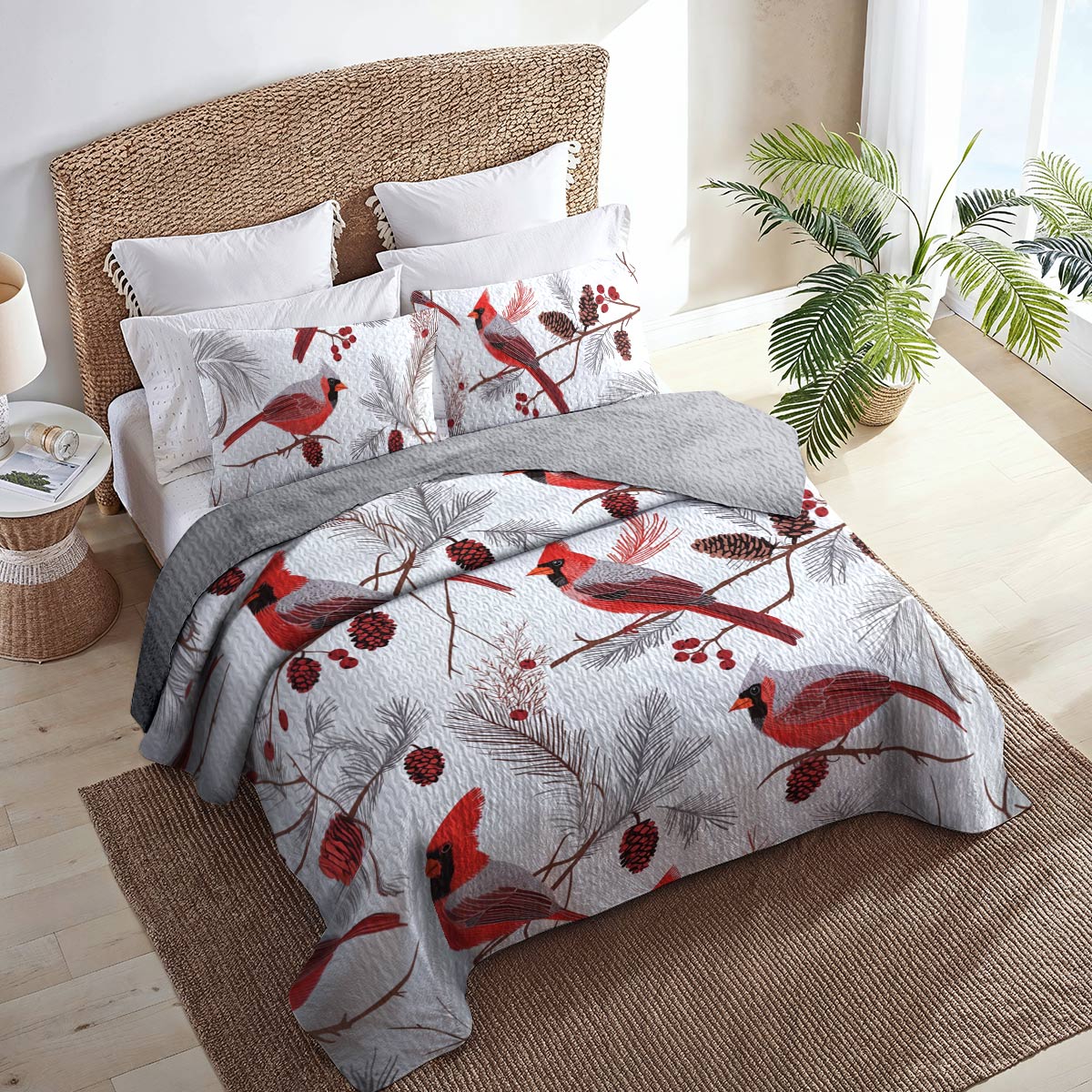 Shineful All Season Quilt 3-Piece Set Gentle Cardinals Lovely