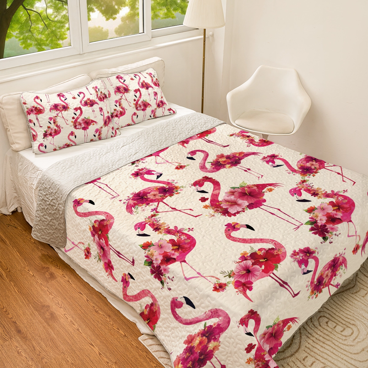 Shineful All Season Quilt 3-Piece Set - Floral Flamingo Fiesta