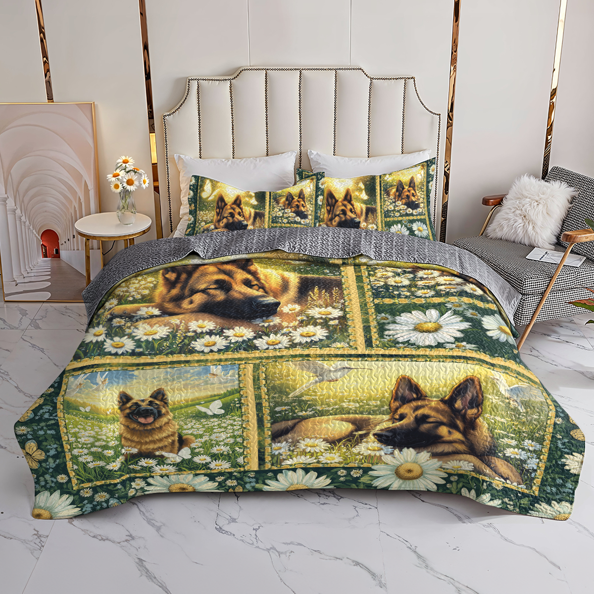 Shineful All Season Quilt 3-Piece Set Dreaming In Daisies German Shepherd