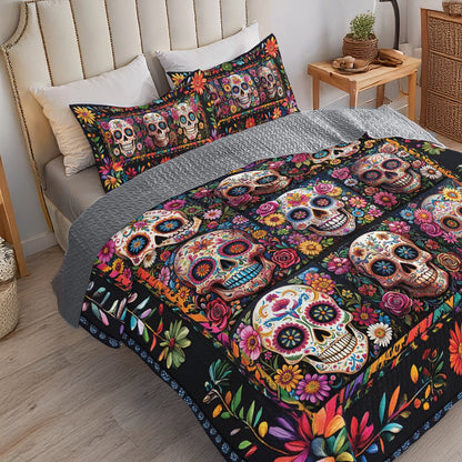 Shineful All Season Quilt 3-Piece Set Blossom Skull Elegance