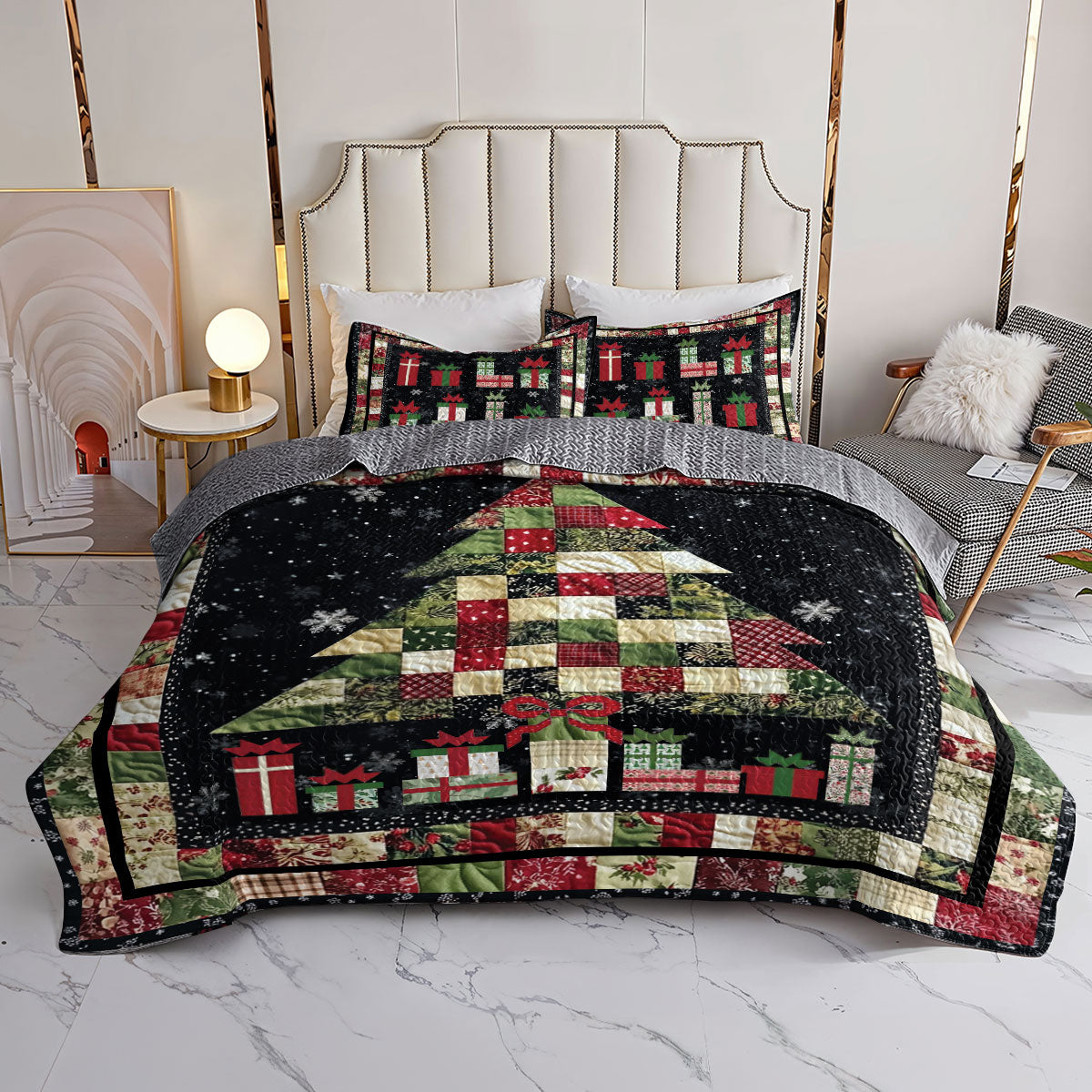 Shineful All Season Quilt 3-Piece Set Festive Patchwork Christmas Tree