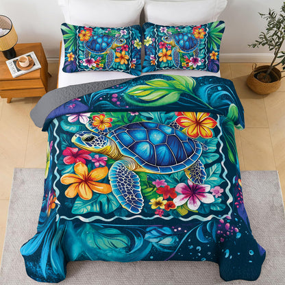 Shineful All Season Quilt 3-Piece Set - Sea Turtle Tropical Flowers