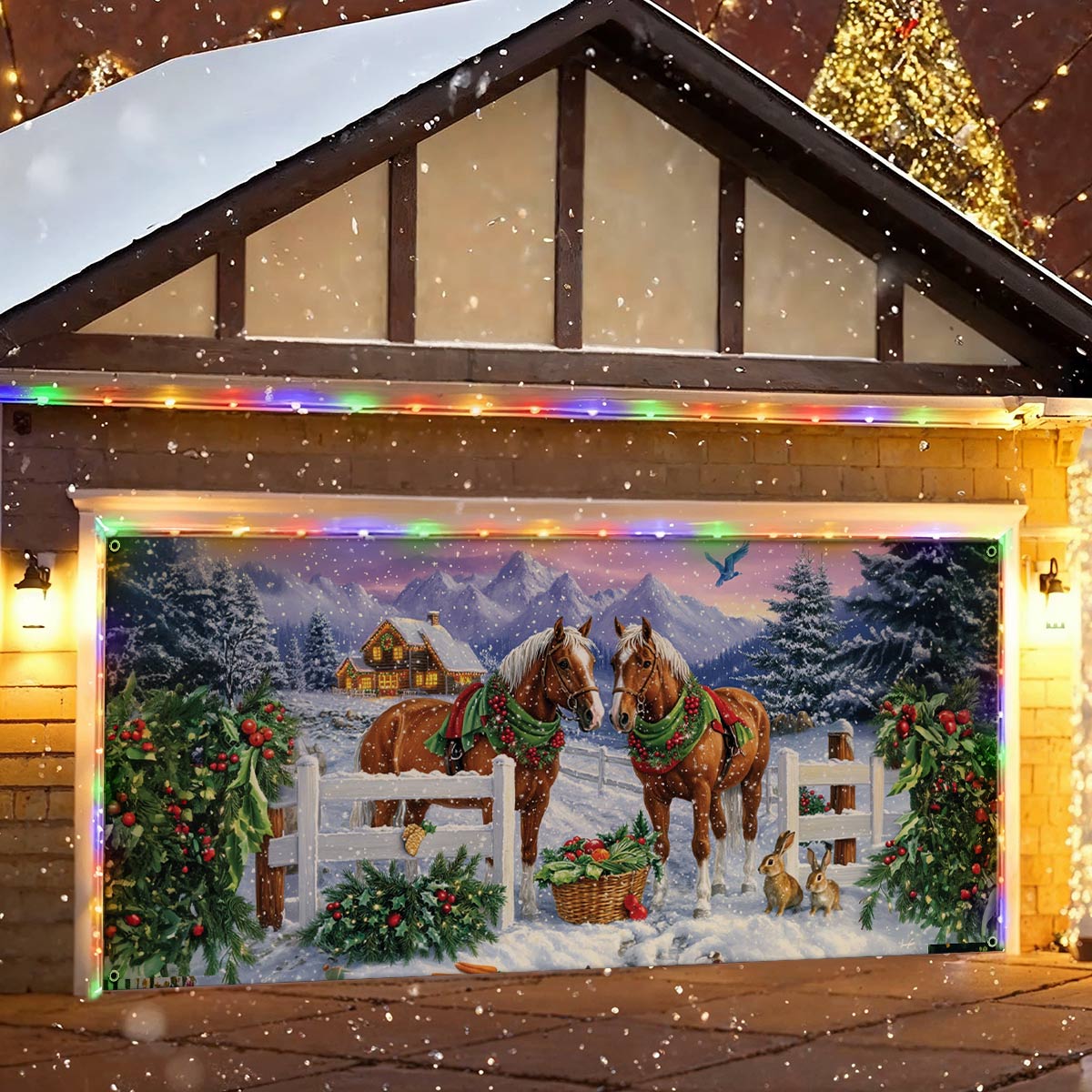 Shineful Garage Door Banner Decoration Festive Horses in Winter Wonderland