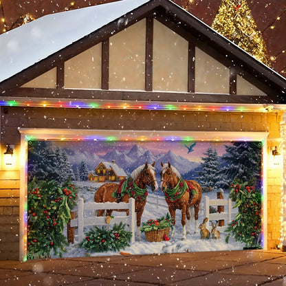 Shineful Garage Door Banner Decoration Festive Horses in Winter Wonderland