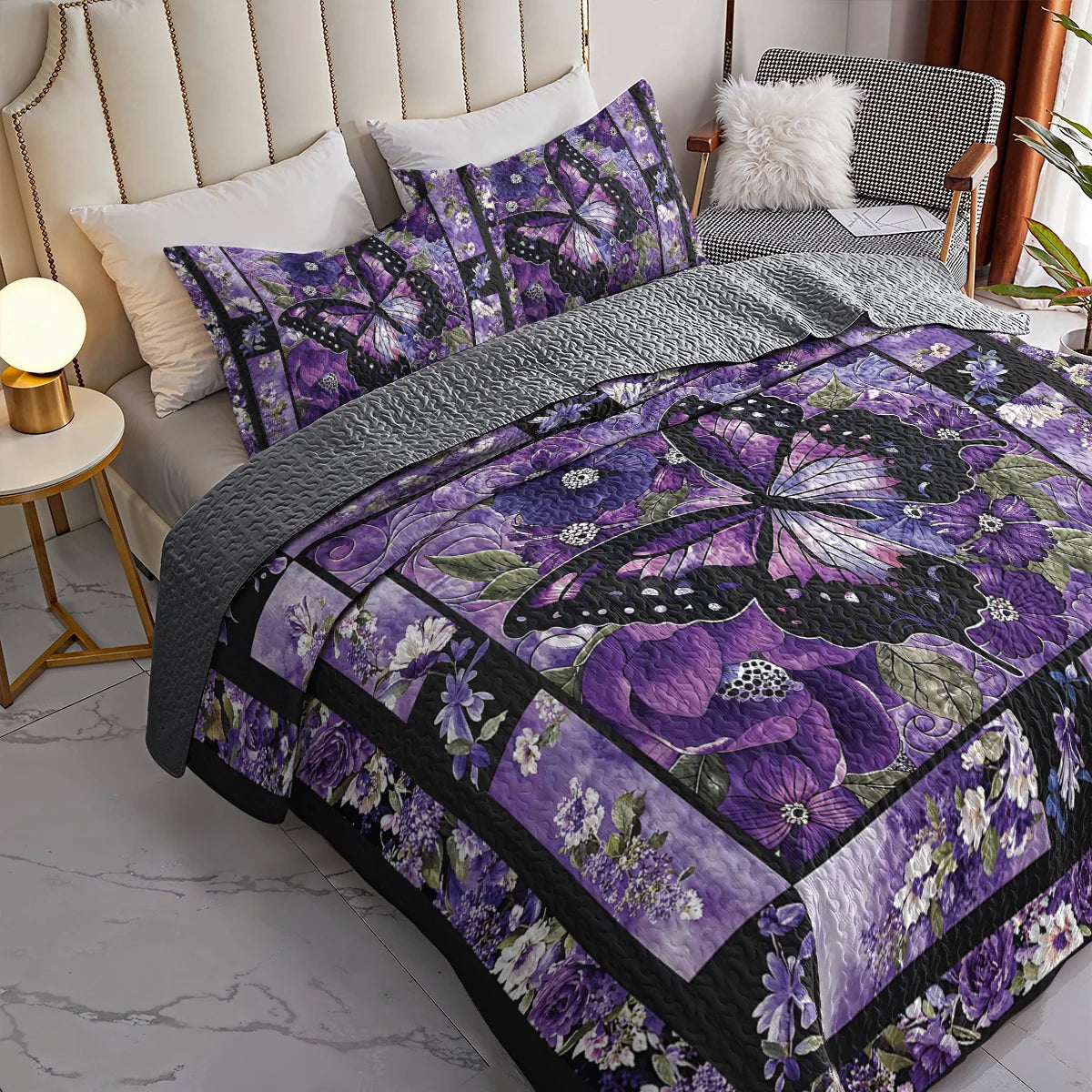 Shineful Quilt 3-Piece Set Gorgeous Purple Butterfly Flowers