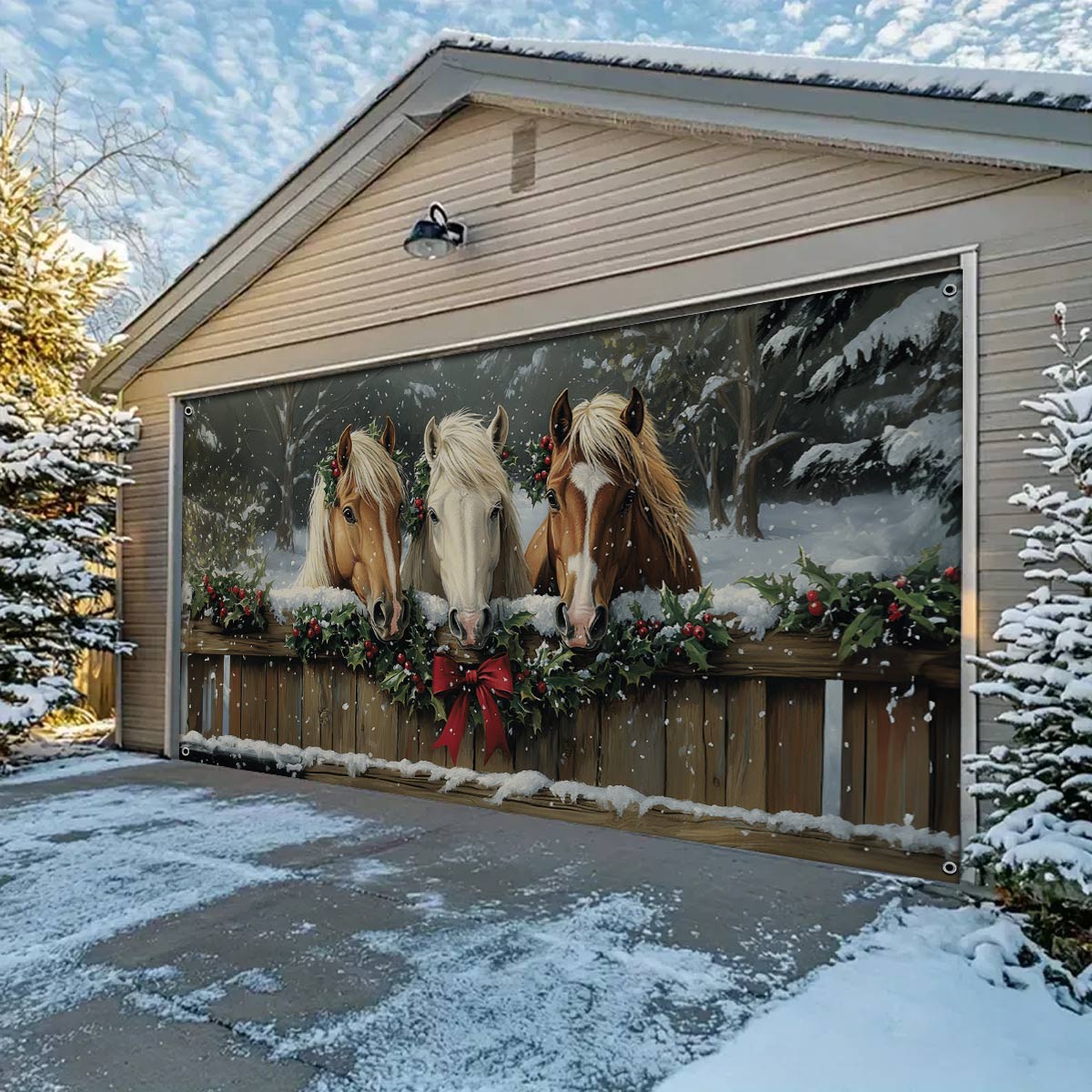 Shineful Garage Door Banner Decoration Horses in Holiday Splendor