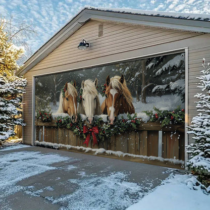 Shineful Garage Door Banner Decoration Horses in Holiday Splendor