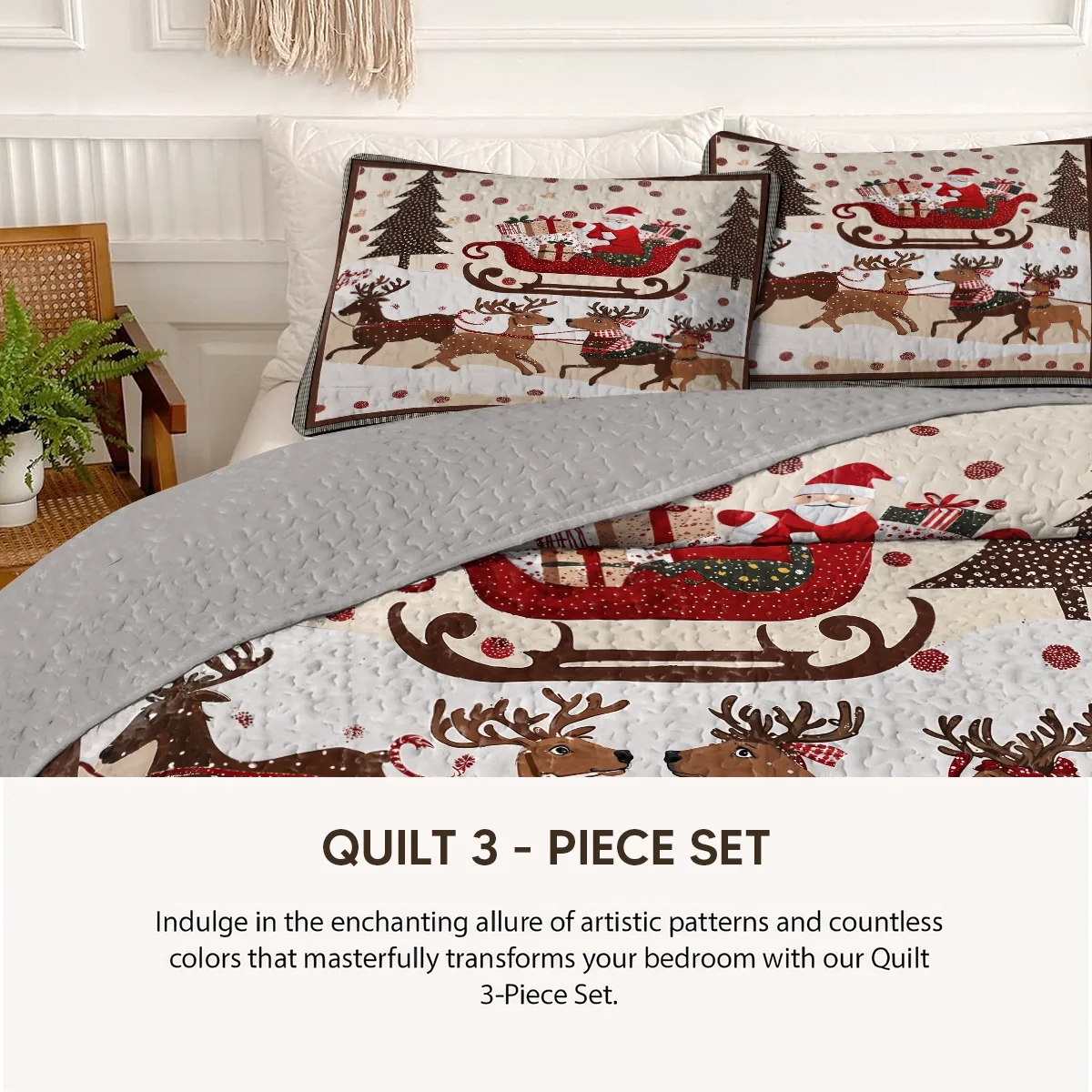 Shineful Quilt 3-Piece Set Cozy Santa Claus With Reindeer Pulling His Sleigh Full Of Gifts