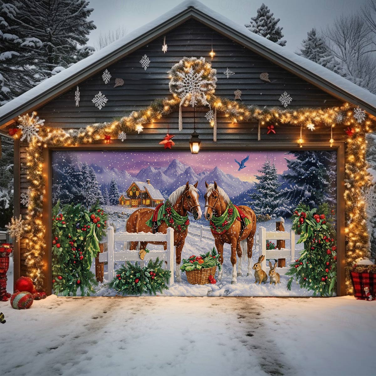 Shineful Garage Door Banner Decoration Festive Horses in Winter Wonderland