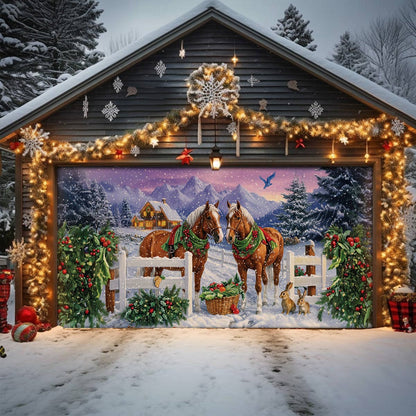 Shineful Garage Door Banner Decoration Festive Horses in Winter Wonderland