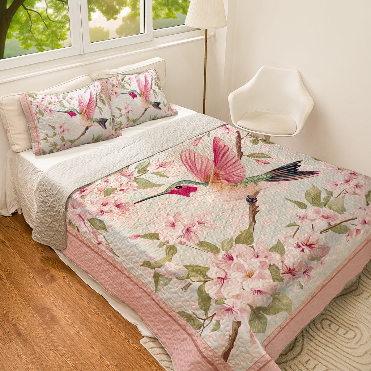 Shineful All Season Quilt 3-Piece Set Floral Hummingbird Springtime