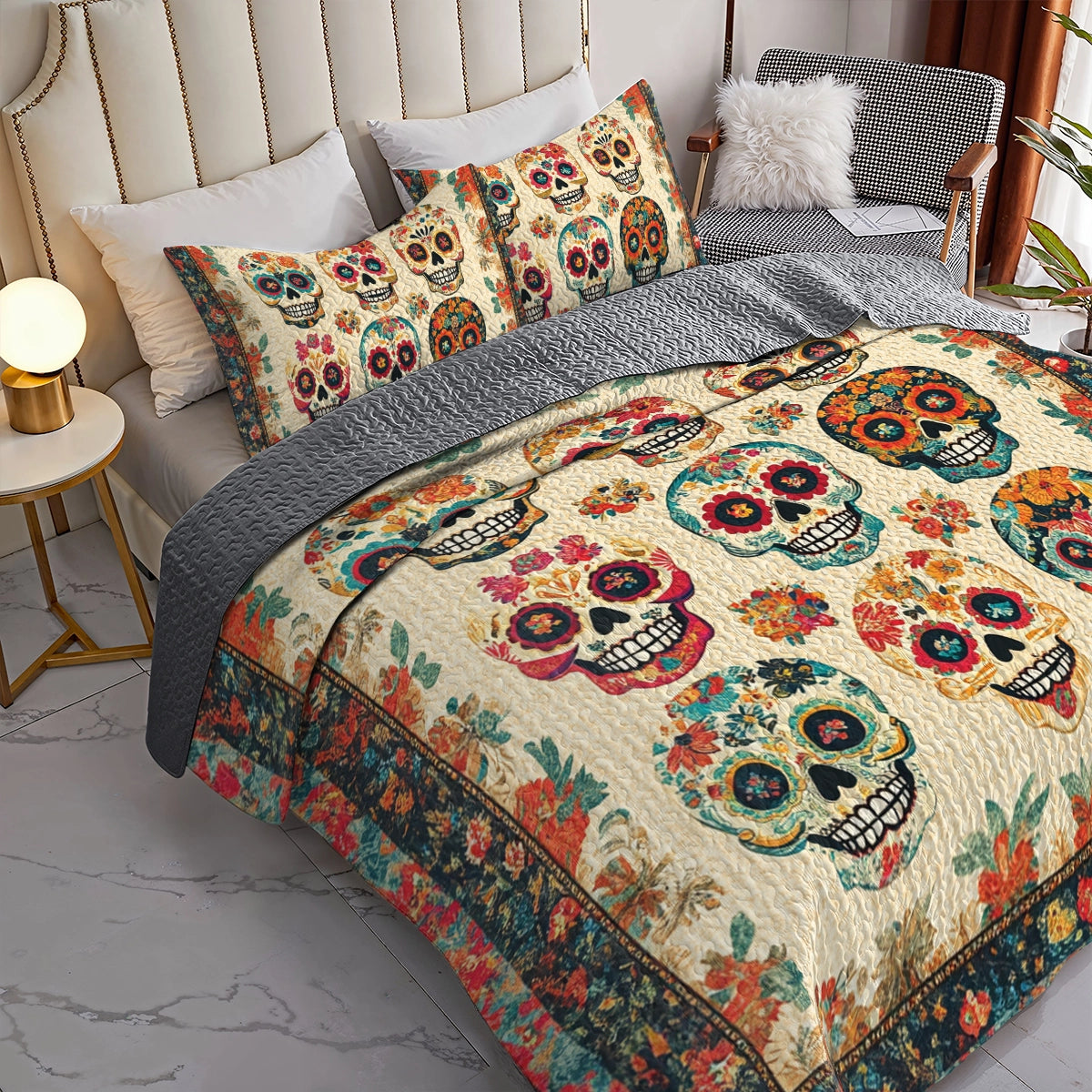 Shineful All Season Quilt 3-Piece Set Vintage Skull Bouquet
